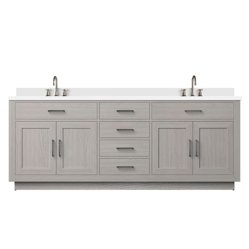 Meuble-lavabo double en chêne blanc 84 po X P 22 po D, plateau en marbre de culture et robinet