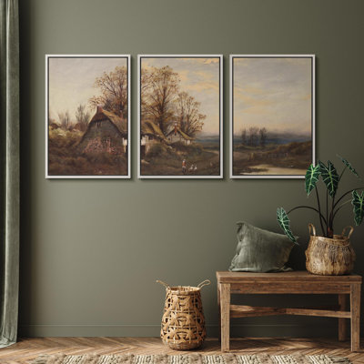 " Countryside Cottage Rustic Nature Landscape Illustrations Modern Art Decor Rustic " 3 - Pieces on