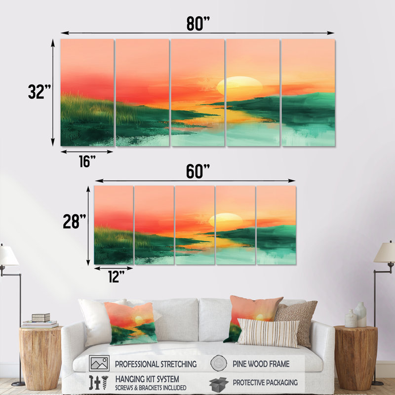 Vert, rouge, magique, coucher de soleil, dunes II - ensemble d'art mural désert, H 32 po x l 80 po
