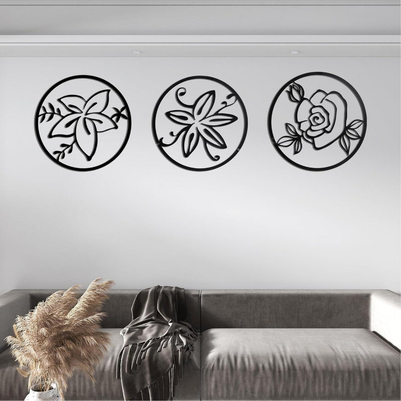 Trois pièces de décoration murale avec cadre floral rond en métal noir, fabriqué à partir de métal de qualité, effet visuel 3D par découpe, épaisseur de 0,08 pouce pour la résistance à la déformation, pré