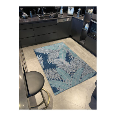 Blue Mixed Leaf and Floral Pattern Creative Modern Decorative Washable Rug