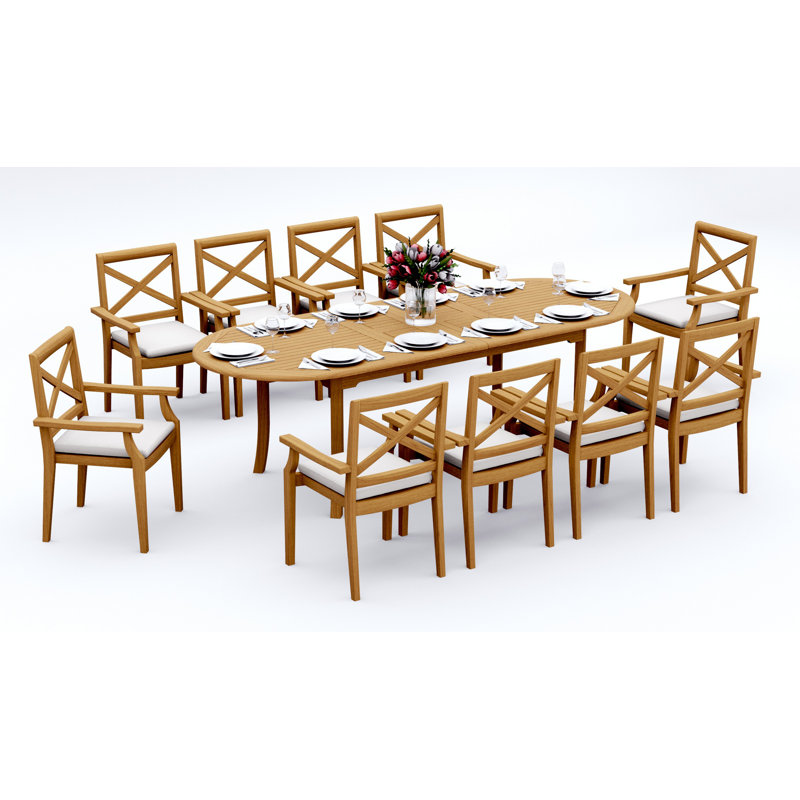 Ensemble de salle à manger 11 pièces en bois de teck de qualité A: table ovale à double extension 94 po et 10 chaises empilables Damarrea # 11GR2210
