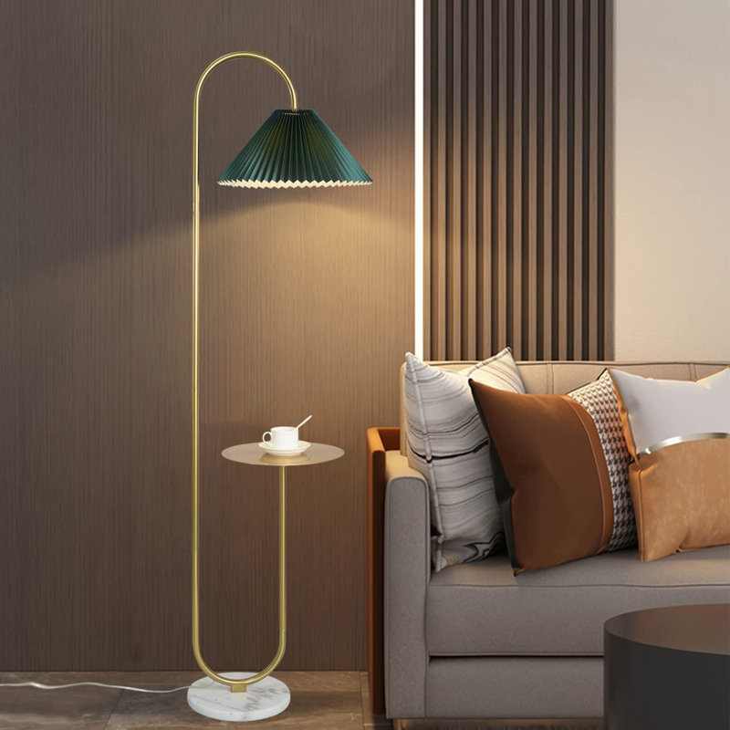 Modern Elegant Floor Lamp With Tray, Foot Switch And Chrome Finish - Pleated Shade, Green