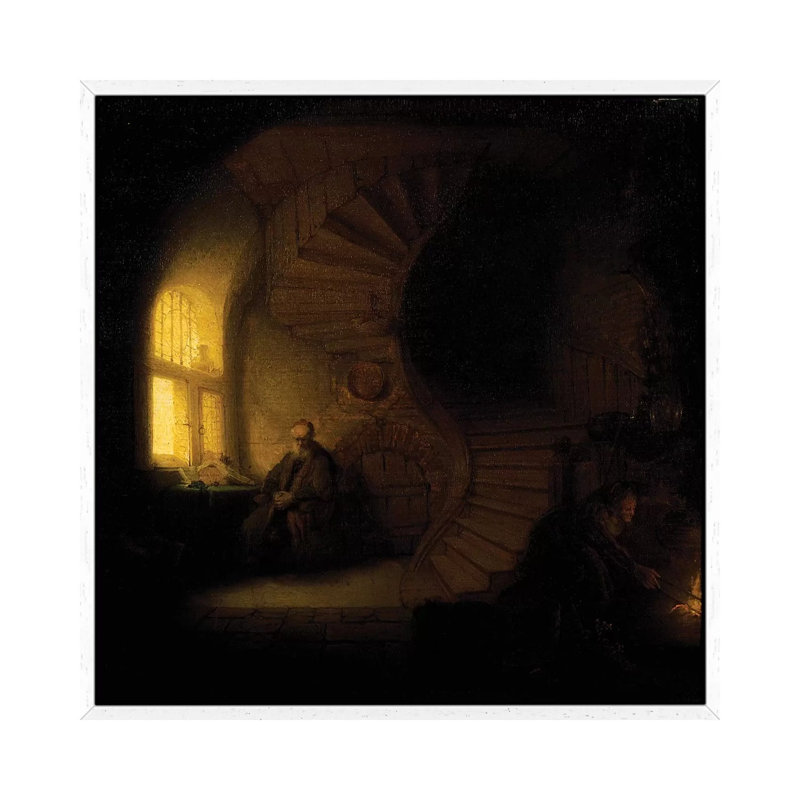 A Philosopher In Meditation by Rembrandt Van Rijn - Painting on Canvas, 45.72cm H x 45.72cm W x 3.81cm D, White Framed