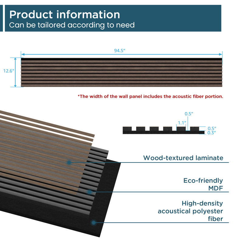  4pc x 94.5" x 12.6" 3D Acoustic Wall Paneling - Walnut JK Soundproof Wood Slat Wall Panel Decorative Shiplap Panels (33 sq.ft)