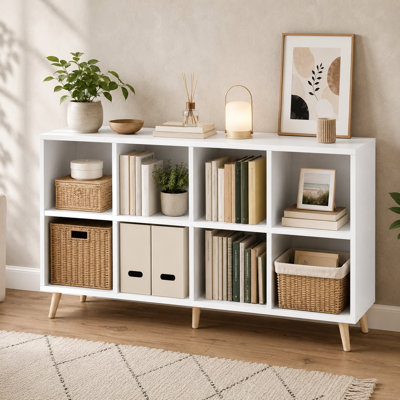 Bibliothèque blanche à 8 niveaux et 2 niveaux avec pieds (47 pouces de large), tablettes de 11 pouces, tablettes de rangement autoportantes pour la chambre ou le bureau