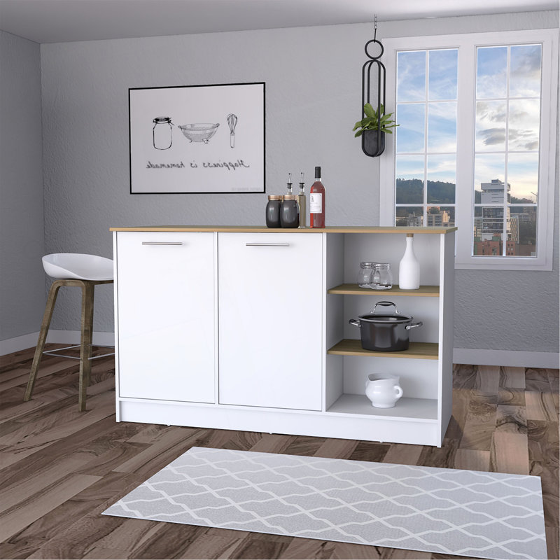 Îlot de cuisine 2 portes blanc et bois de frêne avec 3 tablettes ouvertes