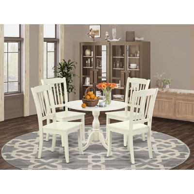 5 Piece Dinette Set for 4 Includes a Round Dining Room Table with Dropleaf and 4 Linen Fabric Dining Chairs, Linen White