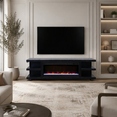 Meuble télé moderne avec foyer électrique, chauffage réglable et étagères ouvertes spacieuses pour grands téléviseurs.