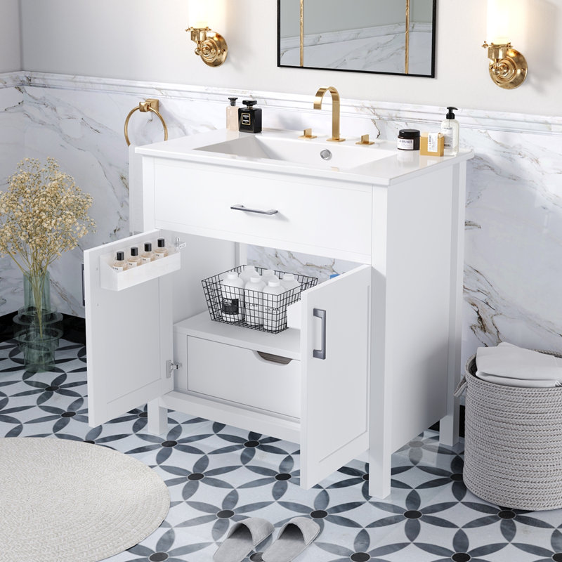 Meuble-lavabo simple 30 po avec plateau en céramique Tohid, Blanc