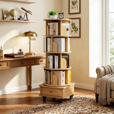 Bibliothèque à 5 niveaux rotative couleur bois - Présentoir à 360 ° avec roulettes et tiroir, rangement peu encombrant pour le bureau personnel