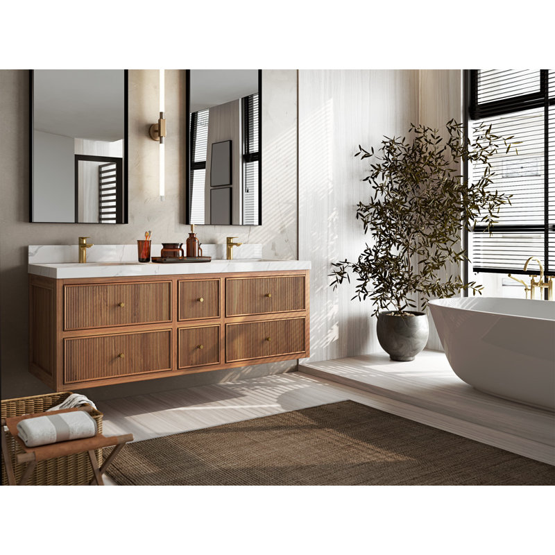 Sonoma Floating Teak 60'' Double Bathroom Vanity with Quartz Top