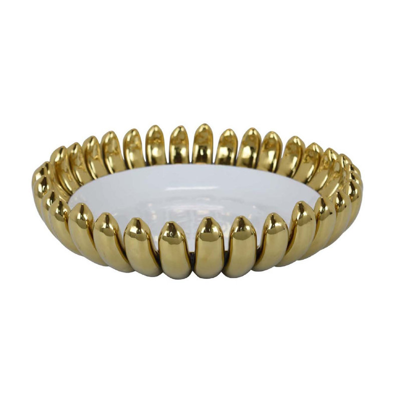 Bol décoratif Milly, rebord à pétales surélevés, céramique blanc doré , H 4 po x l 16 po x P 16 po