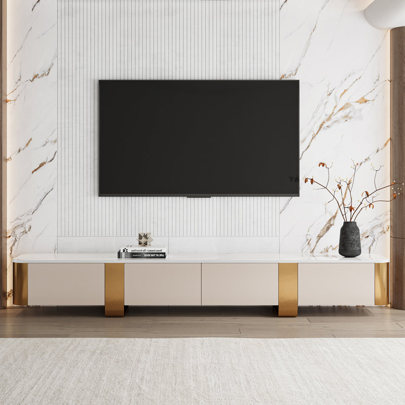 Modern Luxury 79'' Media Console with 4 Drawers, TV Stand Media Console and Modern TV Console Table, Fuax Marble Top and Gold Legs, Fully-assembled