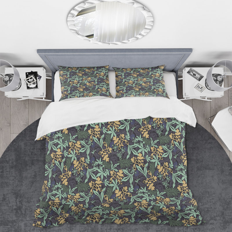 Feuilles tropicales et fleurs sur fond bleu foncé - ensemble de housse de couette moderne - microfibre de polyester