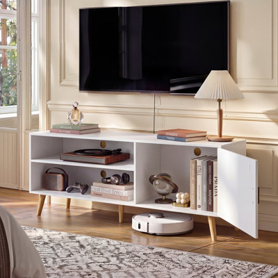 Meuble télé de style Mid-Century avec tablettes réglables, meuble audio-vidéo avec armoires de rangement, console de télévision en bois pour le salon et la chambre à coucher