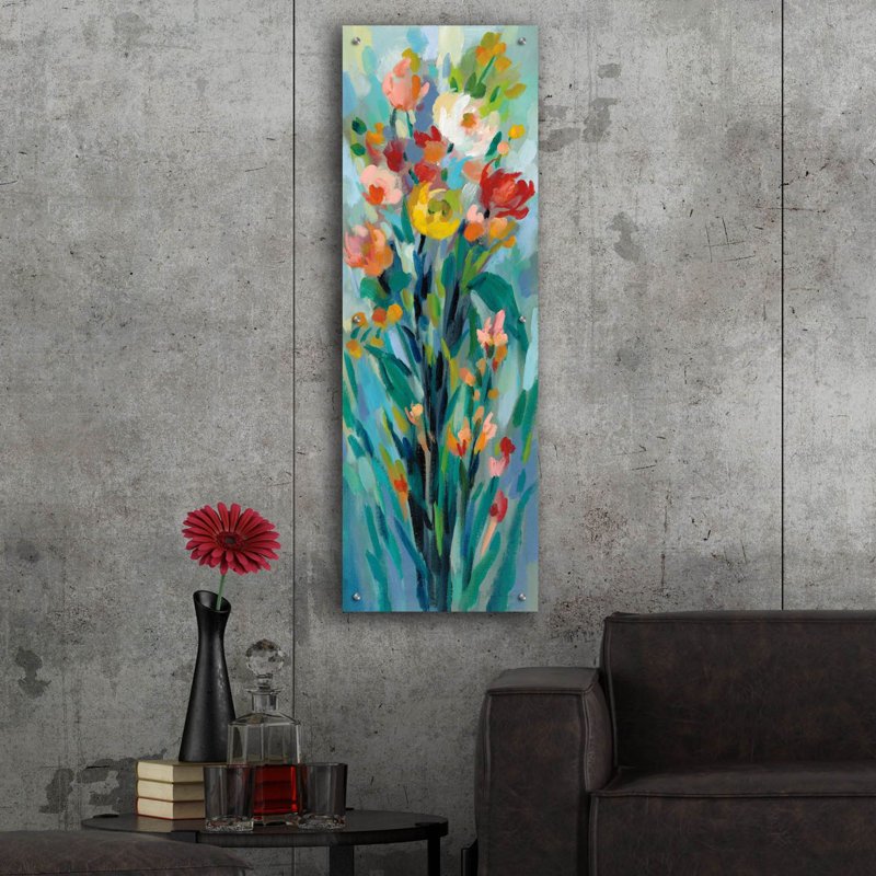 «Tall Bright Flowers I» par Silvia Vassileva, art mural en verre acrylique, H 48 po x l 16 po