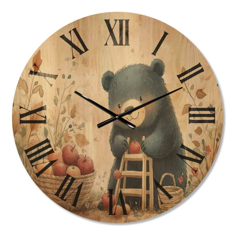 Apple Picking Day - Nursery Round Solid Wood Wall Clock, Medium