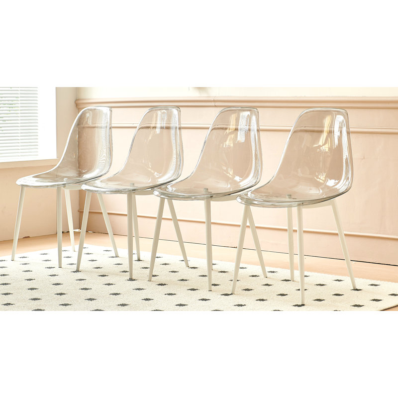 Chaise de salle à manger, ensemble de 4, pieds en métal, siège en plastique, transparent, Blanc