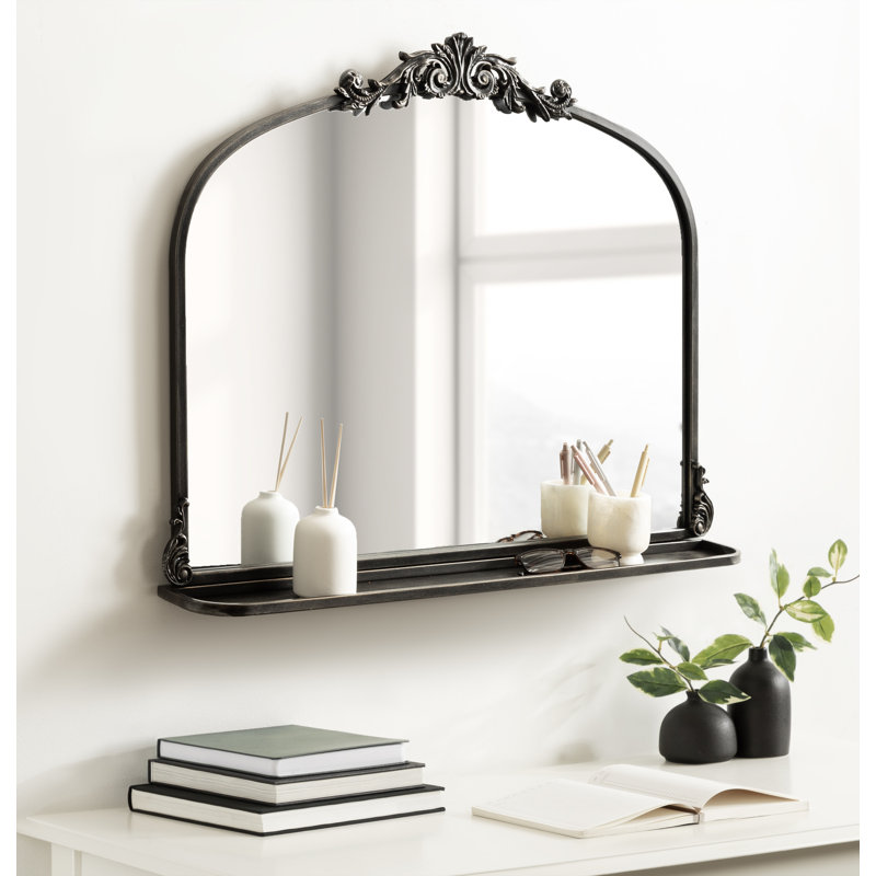 Stride Metal Arch Mirror with Shelves, Black, 26" x 32.75"
