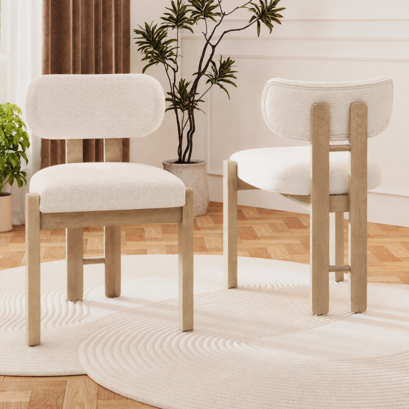Boucle Upholstered Upholstered Back Side Chair, Natural, Natural, 2, Natural