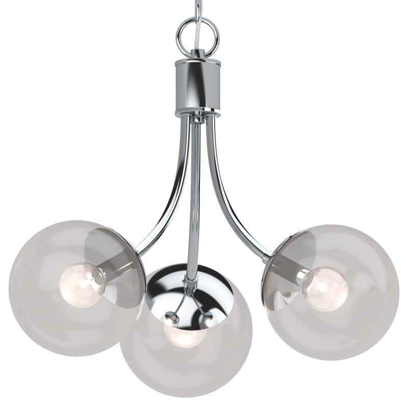 Lustre suspendu d'intérieur en chrome 3 lumières V2123 Clover avec abat-jour rond en verre transparent, Chrome