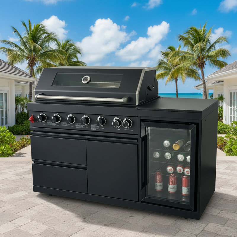 Ensemble de cuisine d'extérieur modulaire de 63 po x P 25 po x H 48 po avec barbecue à 6 brûleurs, réfrigérateur et comptoir en granite
