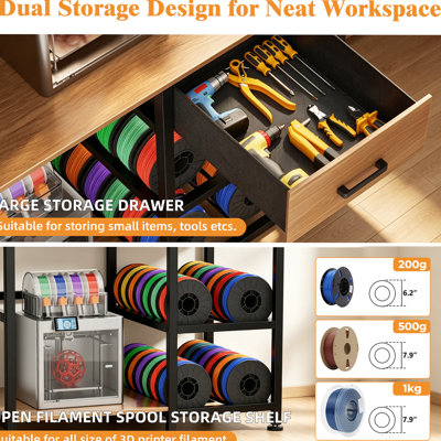 Support d'imprimante 3D avec station de travail de filament, banc d'imprimante 3D avec tiroir et station de charge, grande tablette d'imprimante avec panneau perforé et crochets pour le garage Home Studio