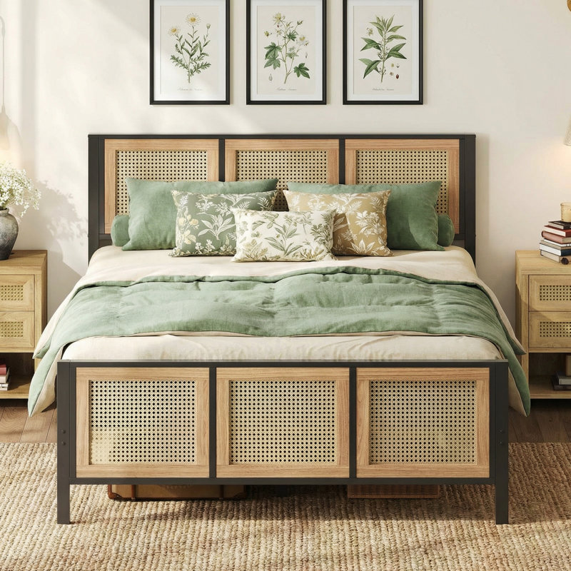 Vena Boho Queen Bed Frame with Rattan Headboard and Footboard, No Box Spring Needed	 					, Queen