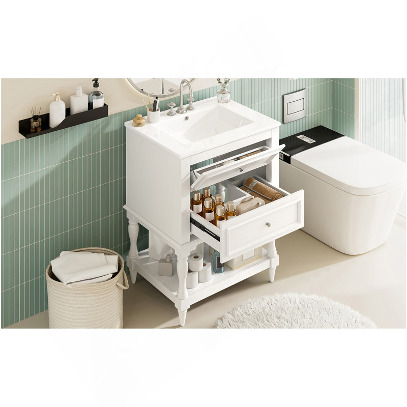 24'' Bathroom Vanity With Ceramic Sink, Bathroom Storage Cabinet With Open Shelf , Retro Design Bathroom Cabinet With 2 Drawers