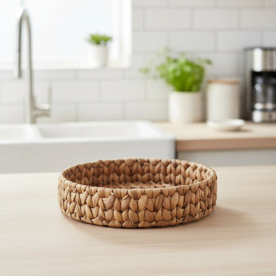Durable Round Basket Tray With Handle Natural Woven Fruit Vegetable Storage Tray Grass Weaving Storage Baskets Serving Trays,28cm