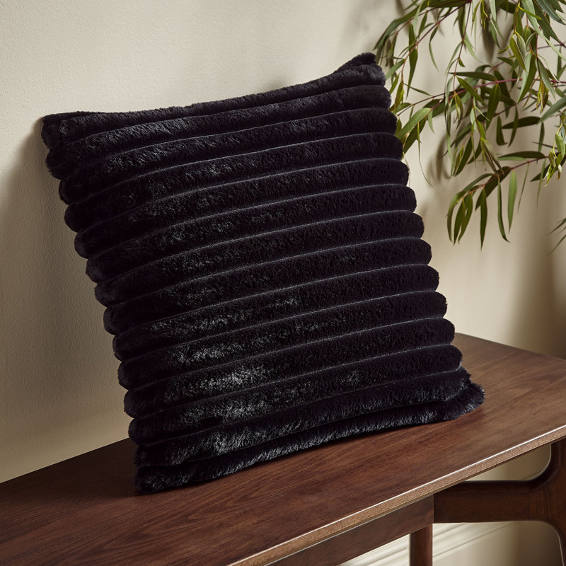 Cosy Ribbed Faux Fur Cushion, Polyester, Black