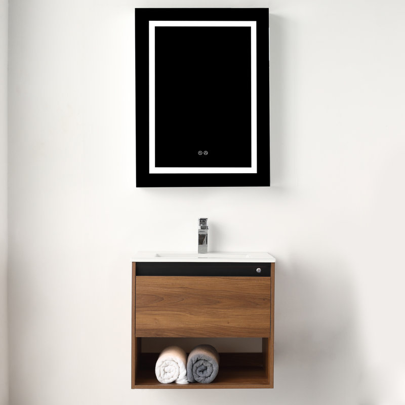 Meuble-lavabo flottant 30 po avec lumières DEL - Armoire murale en bois avec lavabo en acrylique, rangement à fermeture en douceur et lavabo intégré moderne