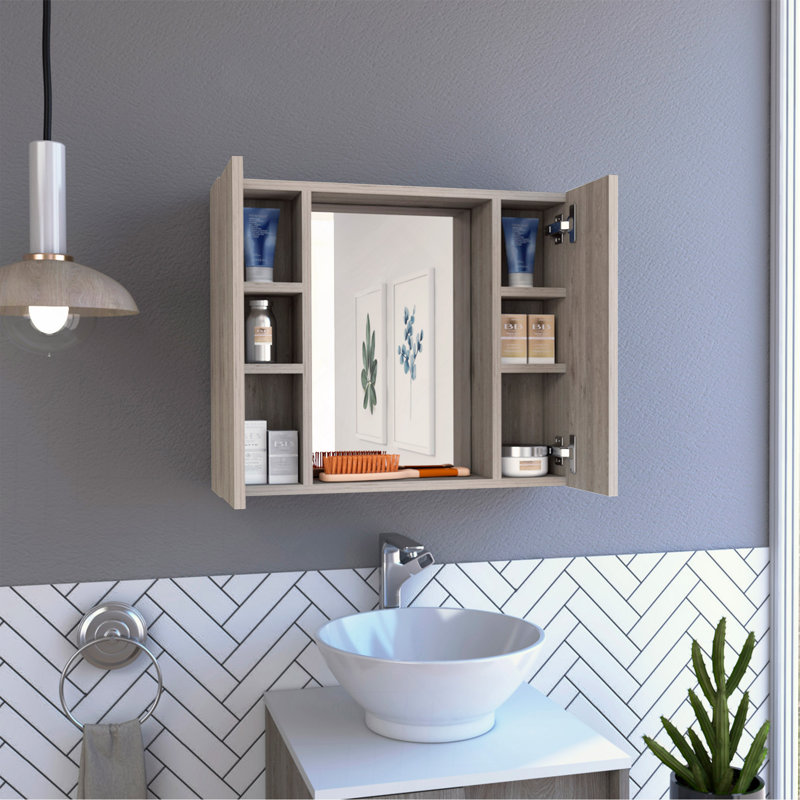 Medicine Cabinet, Double Door, Mirror, One External Shelf  -Light Gray, Gray