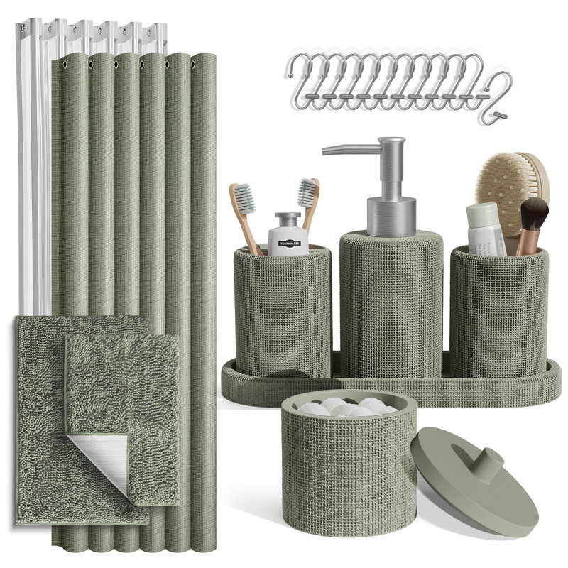 Ensemble d'accessoires de salle de bain 21 pièces avec rideau de douche, doublure, crochets et tapis en chenille Clara Clark