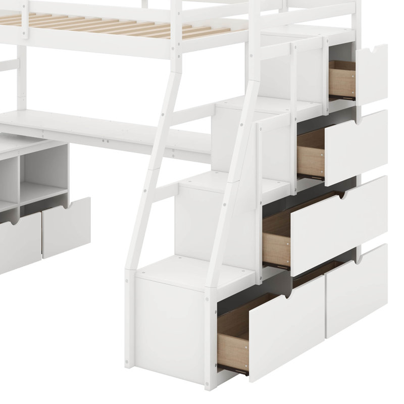 Lit mezzanine simple avec 7 tiroirs, tablettes et bureau, Blanc