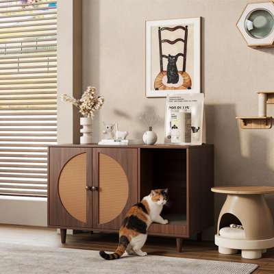 Armoire pour chat Mid-Century moderne avec portes en rotin et patin à griffer