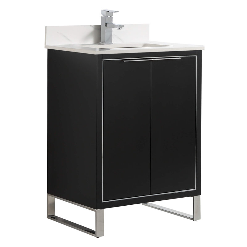 Minday 24 " W Freestanding Standard 1 Single Vanity Bathroom Vanity With Stone Top, Black Matte, Chrome