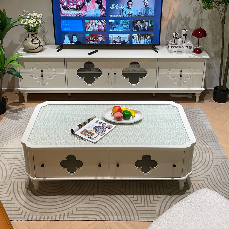 Solid Ash Wood Coffee Table with Floral Glass, 17.71" H x 47.24" L x 23.62" W
