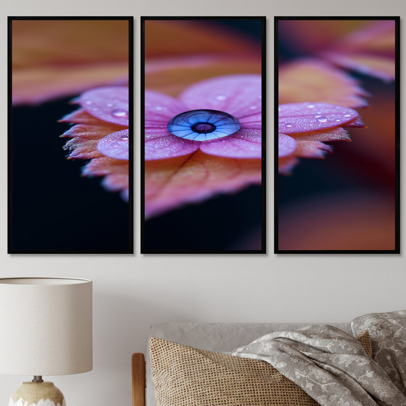 Macro rosée goutte pivoine rose - ensemble de décoration murale art floral moderne, H 28 po x l 36 po, Noir, noir, noir, noir