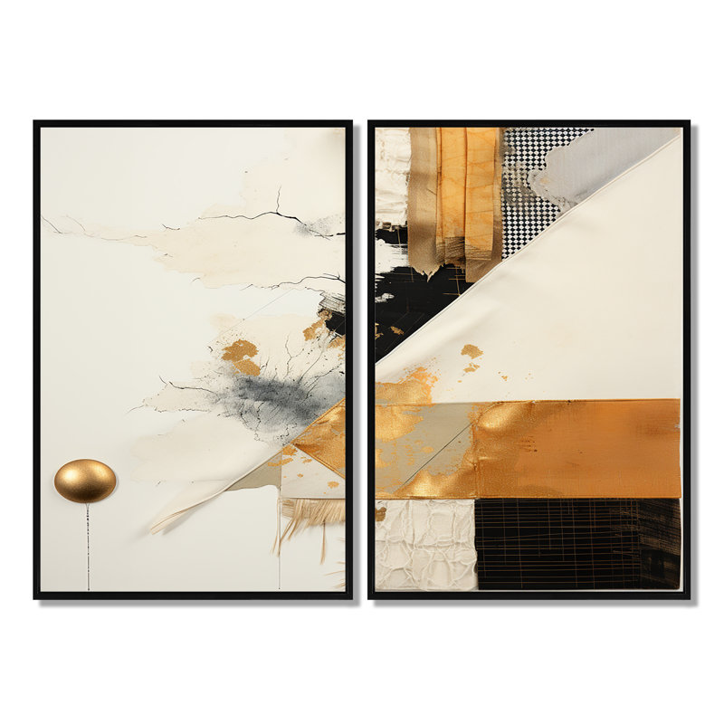 Collage abstrait gris et doré VI - Collages abstraits, 2 pièces, Noir, H 36 po x l 48 po, Impression encadrée flottante