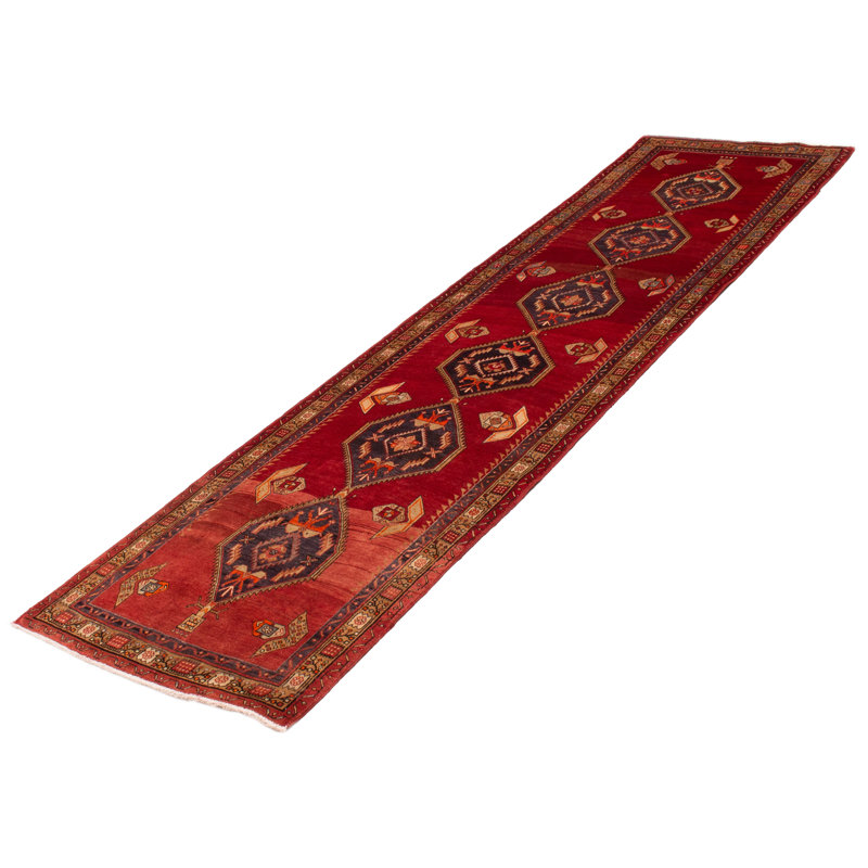 Tapis de couloir unique en laine noué à la main nouvel âge 3 pi 5 po x 13 pi rouge / bleu marine foncé / crème Jesse-James