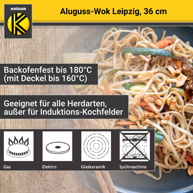 Krüger Aluguss-Wok Leipzig mit Glasdeckel und Zubehör