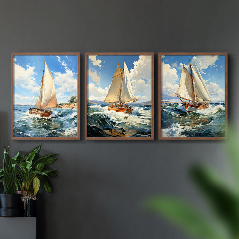 Série Sea and Shore LXVII - Ensemble de 3 estampes numériques encadrées - Prêt à être accroché, Noyer, H 20 po x l 16 po