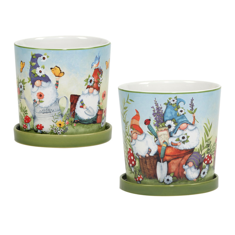 Whimsical Multicolor Ceramic Garden Gnome Planter Set with Saucer