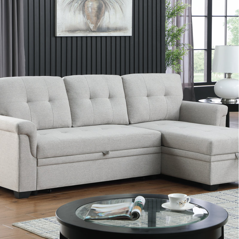 Canapé-lit modulaire réversible en lin avec méridienne avec rangement, Orienté à gauche (vu de face), Brun, Lin gris pâle