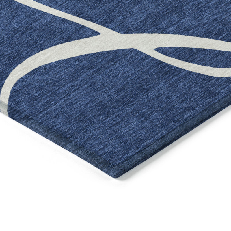 Navy and White Synthetic Flat Woven Washable Rug