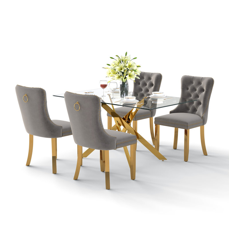 Ensemble de table de salle à manger rectangulaire en verre trempé, table de salle à manger de luxe avec chaise de salle à manger en velours capitonné