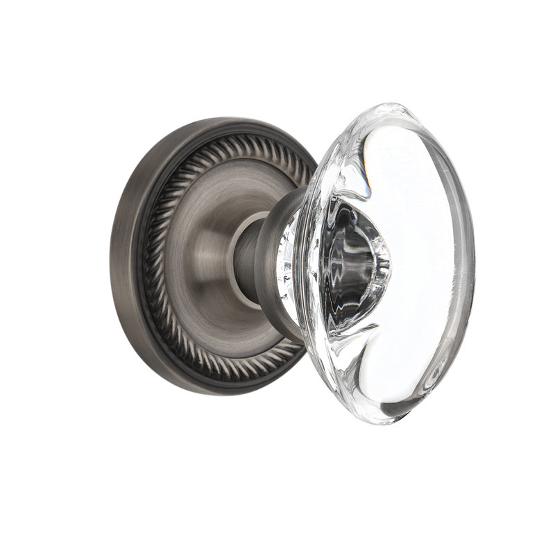 Rope Crystal Oval Interior Mortise Door Knob, Antique Pewter