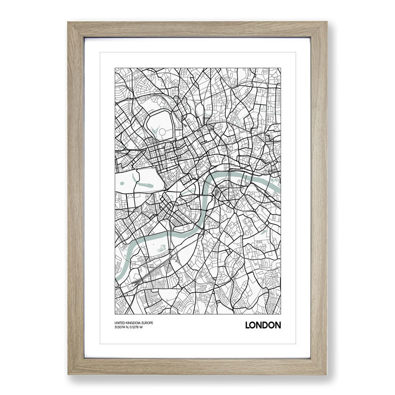 Map London UK - Framed Print, Oak, 36cm H x 27cm W x 2cm D